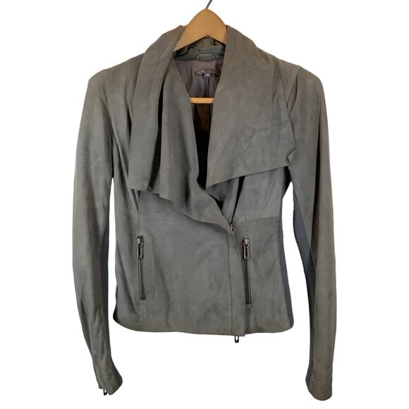 VINCE | XS | Women's Grey Suede Leather Mixed Media Drape Collar Biker Jacket - Picture 5 of 8